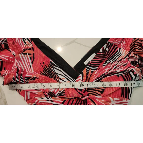 Sandra Darren 14P Petite Tropical Print Wrap Dress Pink Coral V-Neck Flutter - Picture 9 of 12